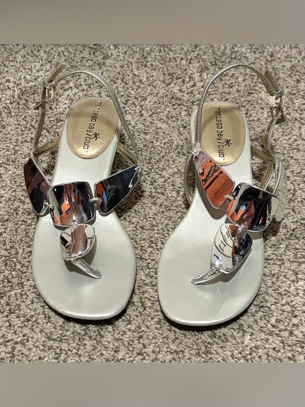 Montego Bay Club Silver Toned Wedge Thong Sandals